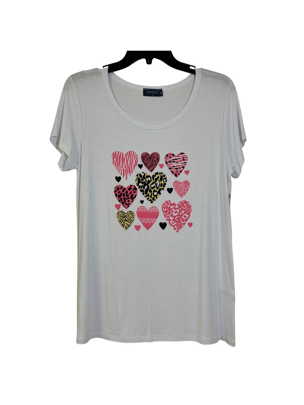 NWT Scarlet M. White C Neck, Short Sleeve T-shirt Animal Print Hearts Pink Black